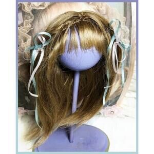 Vtg Brown 100% Human Hair Wig for Antique Bru Jumeau Bisque Doll 7" Silk Ribbons